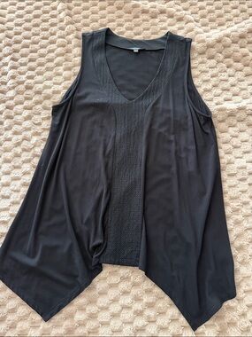 Adrianna Papell Black V-Neck Draped Tank with Textured Center Panel